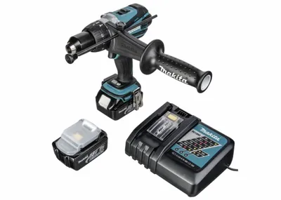 Produktbild von Makita DHP 458 RFJ Profi-Akku-Schlagbohrmaschine, 3 Ah Akkukapazität, 18 V Akkuspannung, variable Geschwindigkeit, Rechts-/Linkslauf, inklusive 2 Lithium-Ionen-Akkus und Ladegerät