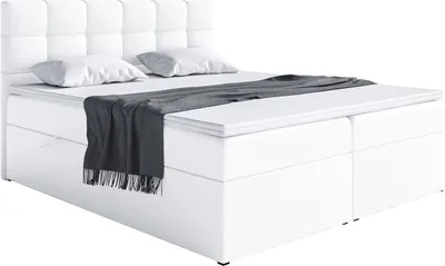 Produktbild von MEBLINI Boxspringbett mit Bettkasten - Gepolstert Doppelbett mit Matratze und Topper - Polsterbett mit Stauraum - Bett mit Kopfteil - Stauraumbett - TAPO 1 - 140x200 - H3/Weiß Kunstleder