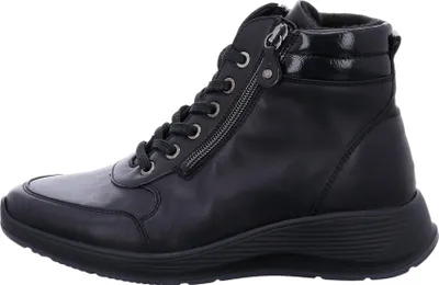 A side view of a black leather boot.