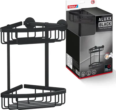 Produktbild von tesa ALUXX BLACK Eck-Duschablage 2-stöckig Badregal schwarz Korb ohne Bohren