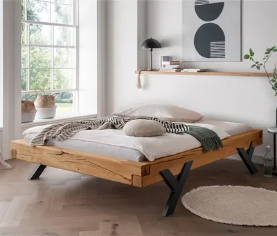 Produktbild von Massivholz Doppelbett, 160x200 cm, Eiche massiv, ohne Kopfteil, schwarze Beine in Y-Form, UPPSALA-137, B/H/T ca. 178/42/228 cm