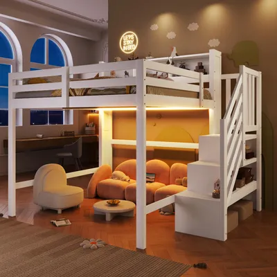 Productafbeelding van Hoogslaper 140 x 200 cm, kinderbed met LED-verlichting, opbergruimte onder het bed, een ladder met opbergvak, een open opbergruimte, een veiligheidsreling, zonder matras, wit, gemaakt van grenenhout en MDF