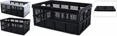 A collage of three folding storage crates and a separate lid, presented on a white background.