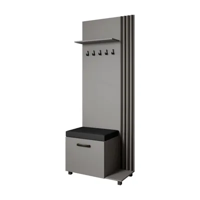 Produktbild von Garderobenschrank LIVIA Rechts Graphit – Garderobe mit Kleiderhaken, Schuhschrank, schwarze Lamellen, schwarzem Sitzkissen, Hochschrank, Flurmöbel