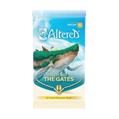 A booster pack for the Altered trading card game, featuring artwork of a whale carrying an island.