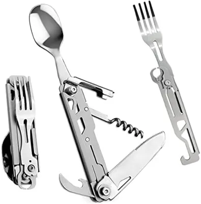 Produktbild von PolkaHome® Outdoor Camping Besteckset, 5-in-1 Multifunktional Klappbares Edelstahlbesteck für Reisen, inklusive Kordelzugbeutel
