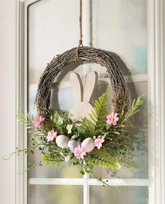 Produktbild von Dekokranz "Holzhäschen" Ø 31 cm aus Reisig, Osterkranz rustikal, Türkranz mit Ostereiern, Blüten & Pflanzen, Wandkranz