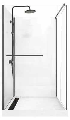 Image de Cabine de Douche à l'Italienne 120x90 - Colonne Thermostatique Noire et Receveur Haut Effet Pierre