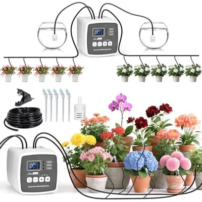 Produktbild von Automatisches Bewässerungssystem Indoor für Garten Pflanzen mit Doppelte Pumpe Unabhängige Kontrolle, DIY Tropfbewässerungsset mit Einstellbar, Bewässerung Zimmerpflanzen für Balkon