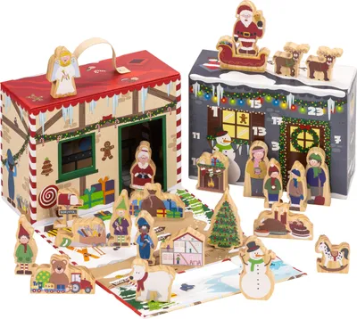Produktbild von yoamo Wichtelwerkstatt Adventskalender mit Spielkoffer für Kinder mit Holzfiguren in hochwertigem Aufbewahrungs-Koffer, 27-teilig (1 Set)