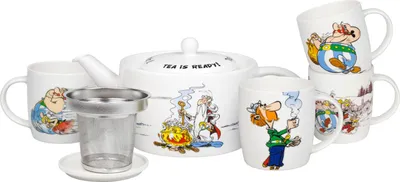 Produktbild von KÖNITZ 1150003041 Asterix & Obelix Set Kanne mit Sieb und Deckel & 1 Untersetzer & 4 Becher im Karton - Tee ist fertig
