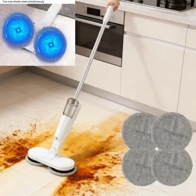 Zdjęcie produktu dla Elektryczny mop do podłóg - Bezprzewodowy mop z podwójnym systemem obrotowym - Odkurzacz i polerka do podłóg twardych - Akumulator <20V - Zbiornik na wodę o pojemności 200 ml - 4 wymienne nakładki