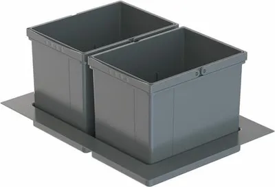 A product shot of a double trash bin system.