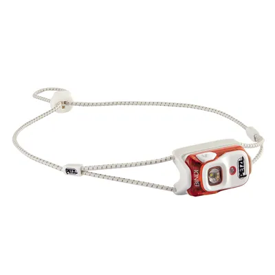A Petzl Bindi LED headlamp with a white elastic headband, shown against a white background.
