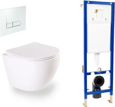 Produktbild von sanicomfort Wand-WC Aliki spülrandlos Set mit Vorwandelement, Schallschutz-Set und Betätigungsplatte eckig