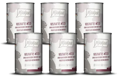 Immagine prodotto di MjAMjAM - Lattine da 6x400g di selvaggina & coniglio con bacche cibo umido per gatti alimento principale naturale