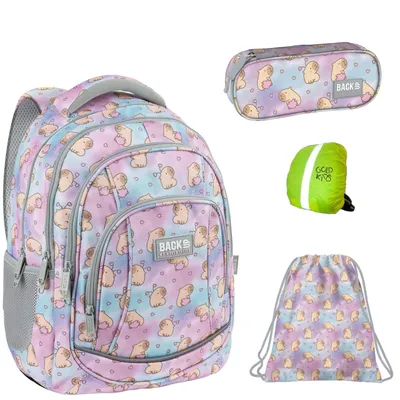 Produktbild von Schulranzen für Jungen und Mädchen, 4er-Set - Schul-Rucksack für Kinder mit Schlampermäppchen- und Regenschutz -Kapibara Motiv