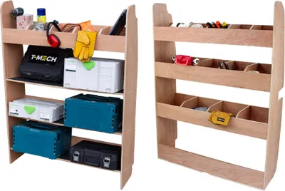 Produktbild von Ford Transit Custom Fahrzeugeinrichtung Fächerregal & Werkzeugkasten Regal Kurz oder Lang Radstand Birkensperrholz Fahrzeugregal Transportregal Linkslenker Rechtslenker 136cm H x 102cm B x 30cm T
