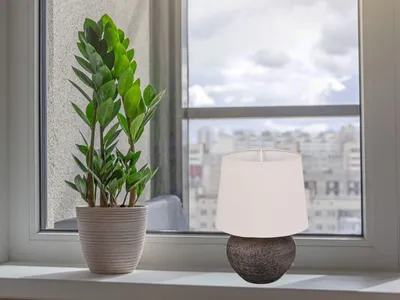 Produktbild von Kleine LED Tischleuchte rund 1flammig Keramikfuß & Stofflampenschirm beige H25cm