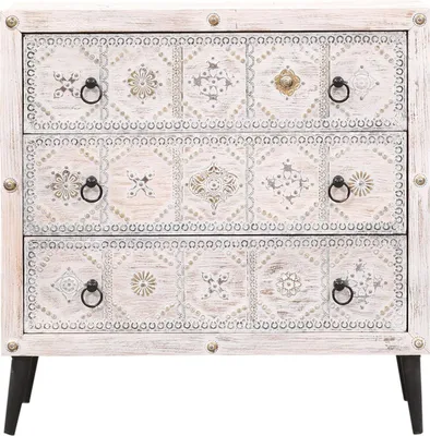 Obrázek produktu pro Marrakech Boho komoda se zásuvkami ze dřeva bílá 80 cm vysoká | Orientální dekorace malý příborník komoda Vaqui ručně vyrobená pro stylové ukládání a vintage dekorace v obývacím pokoji a ložnici