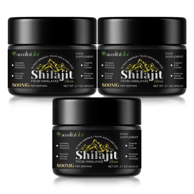 Image de Résine Shilajit Himalaya 100 % pure Mumijo 85+ minéraux Testé en laboratoireVegan, 3 x 60 g