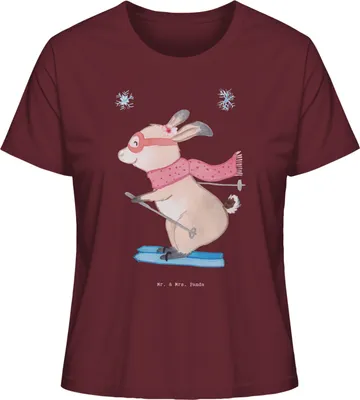 Produktbild von Mr. & Mrs. Panda Damen Basic T-Shirt Hase Skifahren Größe XL - Burgundy - Geschenk, Oberteil, Skiwettbewerb, Baumwoll, Skirennen, Kurzarmshirt, Ski fahren, shirt