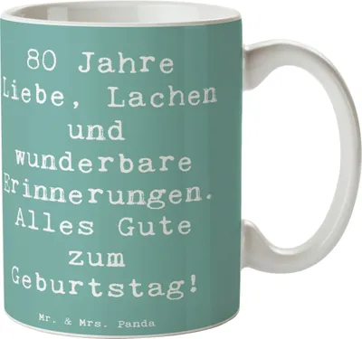Produktbild von Mr. & Mrs. Panda Kaffeetasse Spruch 80. Geburtstag - Meeresbrise - Geschenk, 80 Jahre, Happy Birthday, Tasse, Trinkbecher, Geburtstagsfeier, Kaffeebecher, Geburtsjahr