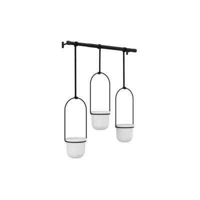 A product shot of a hanging planter with three white pots suspended from a black metal bar.
