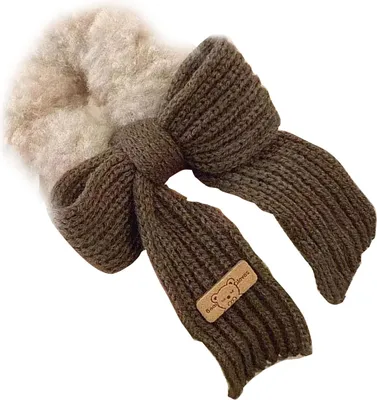 Image de Chouchou en fourrure et noeud en tricot kaki