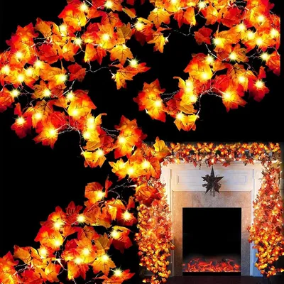 Produktbild von 6er-Pack Thanksgiving-Dekorationen, vergrößerte Herbstdekorationen mit Ahornblättern für Zuhause, Herbstlichter, dicke Blättergirlanden, insgesamt 18 m, 120 LEDs, batteriebetrieben, wasserdicht, Halloween-Dekoration für drinnen und draußen
