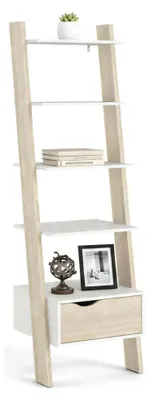 Produktbild von Bücherregal mit einer Schublade und vier Regalen, Farbe Weiß und Eiche, 55 x 180 x 48 cm.