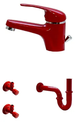 Produktbild von Waschtischarmatur Bad mit Siphon und 2 Eckventilen rot