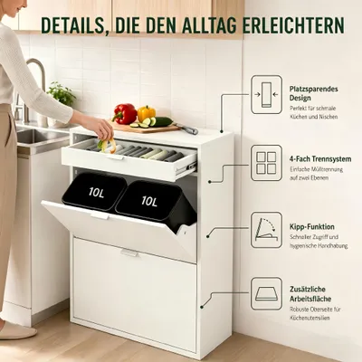 Produktbild von Mymai Mülleimer mit Schublade, Mülltrennsystem Küche, Mülleimerschrank mit 4 Fächern, platzsparender Küchen-Abfalleimer, 62 x 25 x 90 cm