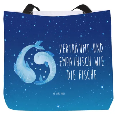 Produktbild von Mr. & Mrs. Panda Schultasche Sternzeichen Fische - Sternenhimmel Blau - Geschenk, Geburtstag März, Fisch, Stoffbeutel, Reisetasche, Februar, Tasche, Sternbild, Tote Bag