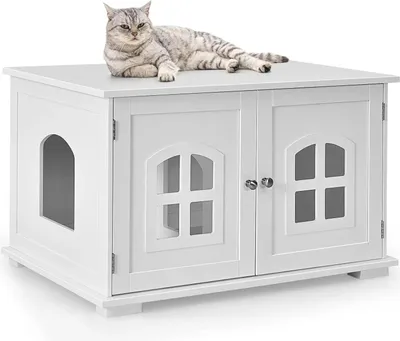 Image de Maison pour chat - Grotte pour chat en bois - 2 portes magnétiques - 81 × 53 × 49 cm - Blanc