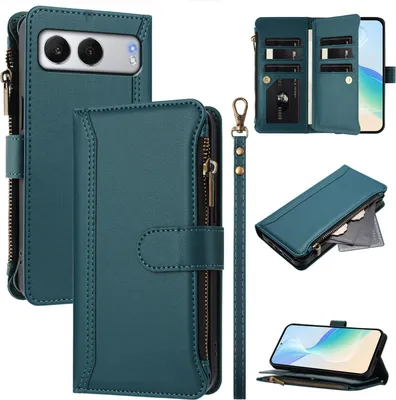 Obrázek produktu pro Pouzdro pro OnePlus Nord 4, zipem, peněženkovéPolyuretankožené flip pouzdro s kapsami na karty, stojánkem a poutkem na ruku zelený