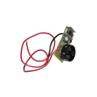 A close-up, isolated shot of an electronic speed controller circuit board with wires and a rotary knob.