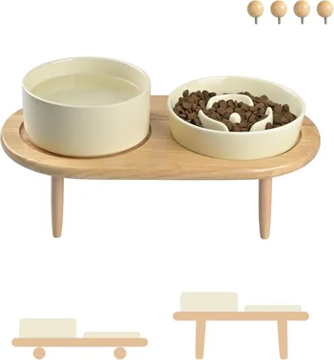 Productafbeelding van Famanu keramische hondenbak met bamboe voet - Beige