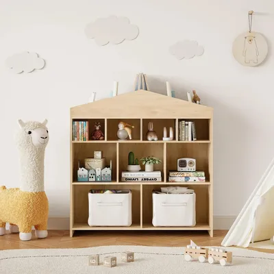 Produktbild von Kinder Bücherregal Spielzeugregal - Hausförmiges Holzregal - 3 Ebenen 15 Fächer - Stabiler 4-Stab-Rahmen - Für Kinderzimmer Bücher Spielzeug - Khaki