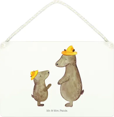 Produktbild von Mr. & Mrs. Panda Schild Bären mit Hut DIN A4 - Weiß - Geschenk, Vatertag, Wandbild Holz, Muttertag, holzbild, kleine aufmerksamkeit, Papa, Lieblingsmensch, Holzschild
