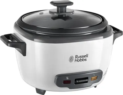 A white Russell Hobbs rice cooker on a white background.