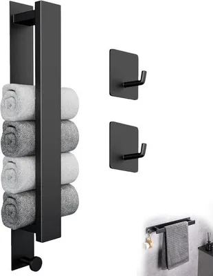Immagine prodotto di Ganci da bagno in acciaio inossidabile - Montaggio a parete - Due ganci - Autoadesivi - Nero - Bagno e cucina