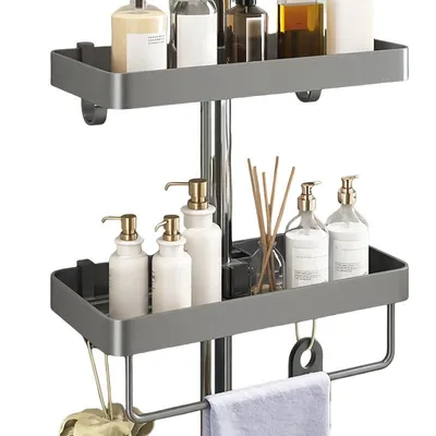 Produktbild von Zweistöckige Duschablage, ohne Bohren, höhenverstellbar, Duschablage aus Aluminium, rostfrei, stabil und langlebig, mit Stange, grau