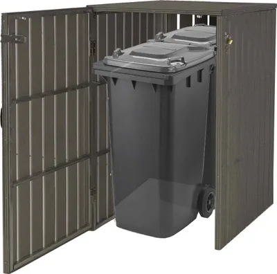 Produktbild von XL 1er-/2er-WPC-Mülltonnenverkleidung HWC-J28, Mülltonnenbox, Metall Holzoptik, erweiterbar grau