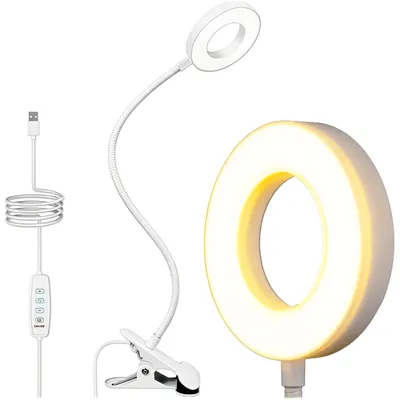 Imagen del producto de KRUMAD, lámpara de lectura con pinza, luz LED con pinza para cama y escritorio, 48 LEDs, 3 modos de luz, 10 niveles de brillo, USB, blanca