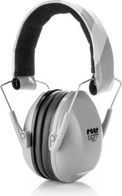 A pair of gray and black earmuffs for children.