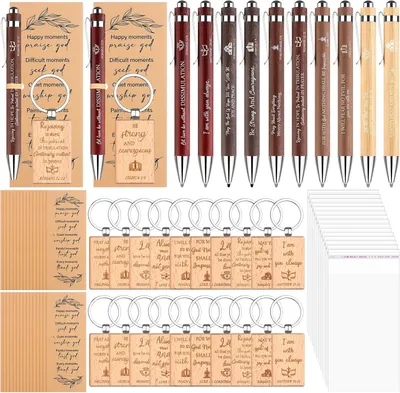 Productafbeelding van Set christelijke geschenken bijbelvers bamboe pen - Set van 30 - Religieus Hout Sleutelhanger Inspirerende Schrift