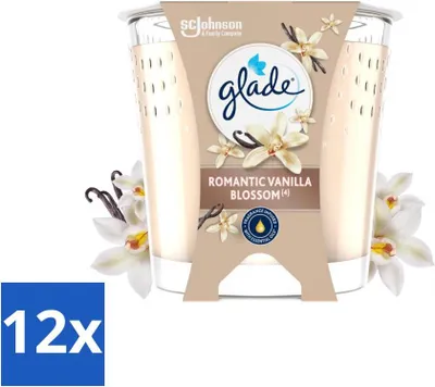 Produktbild von Glade - Duftkerze Romantic Vanilla Blossom - 100% Rapswachs & Vegan - 112 g - Vorteilspack - 12 Stücke