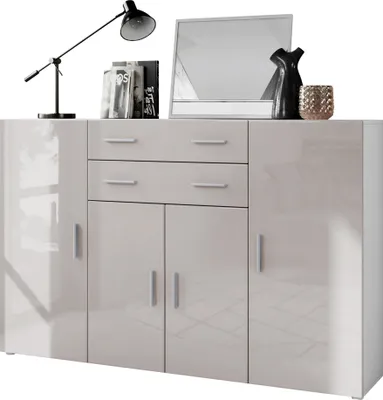 Produktbild von Vladon Highboard Aron Anrichte mit 2 Schubladen und 4 Türen mit insgesamt 8 Fächer dahinter, Weiß matt/Sandgrau Hochglanz (166,5 x 106,5 x 35 cm)
