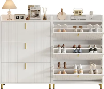 Productafbeelding van Sweiko: Twee schoenenkasten met 3 deuren, twee smalle schoenenplanken. Schoenenkast met 6 vakken, witte schoenenkast, verstelbaar, met omvalbeveiliging voor in de hal, 80x23,5x123,5 cm